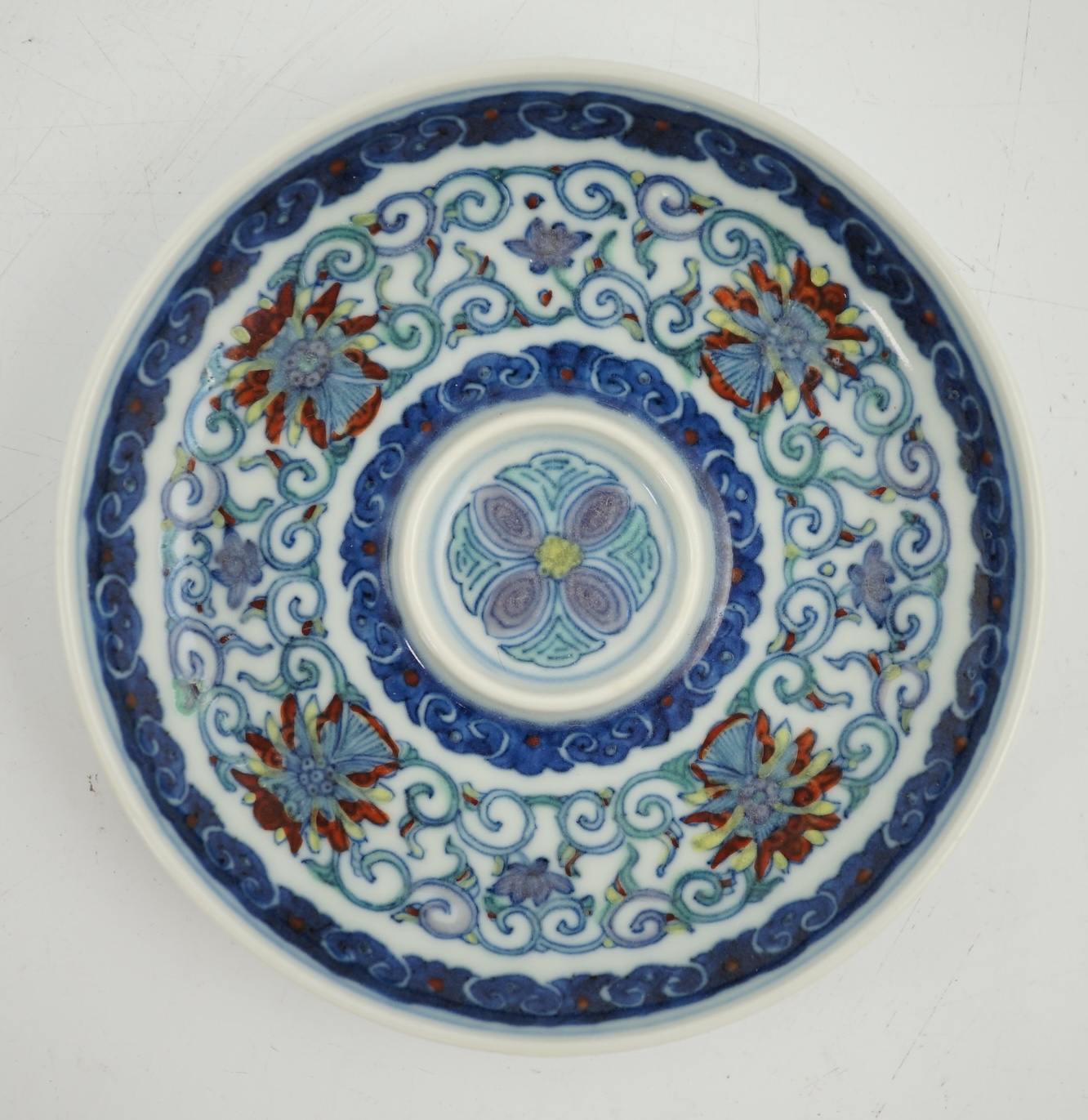 A Chinese doucai cup stand, Qianlong mark but Republic period, 10.5cm in diameter
